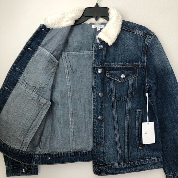 NWT Good American Trucker Boyfriend Denim Sherpa Button Down Jacket size 00/ XS - Picture 11 of 16